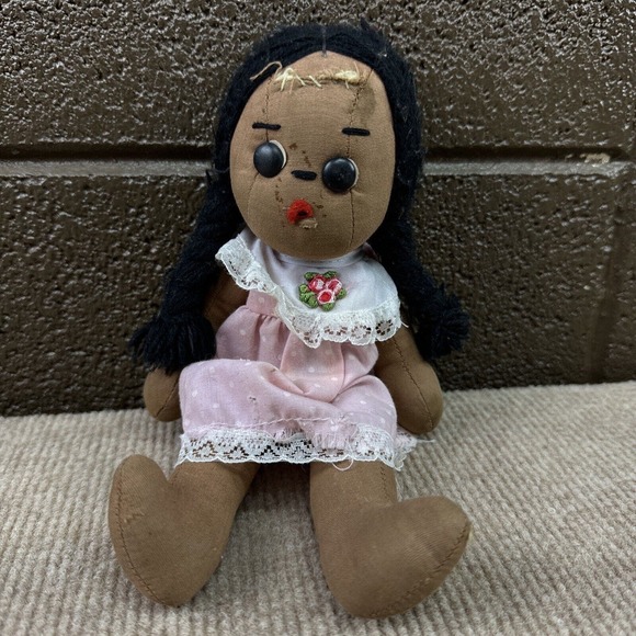 Vintage Antique Doll‎ Dark Hair Eyes Cloth - Picture 1 of 7